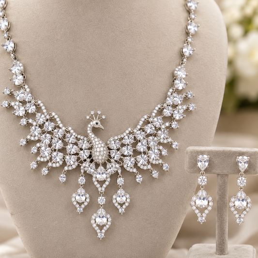 Silver Peacock Natural Zircon Gemstone Jewelry Set (SN107)