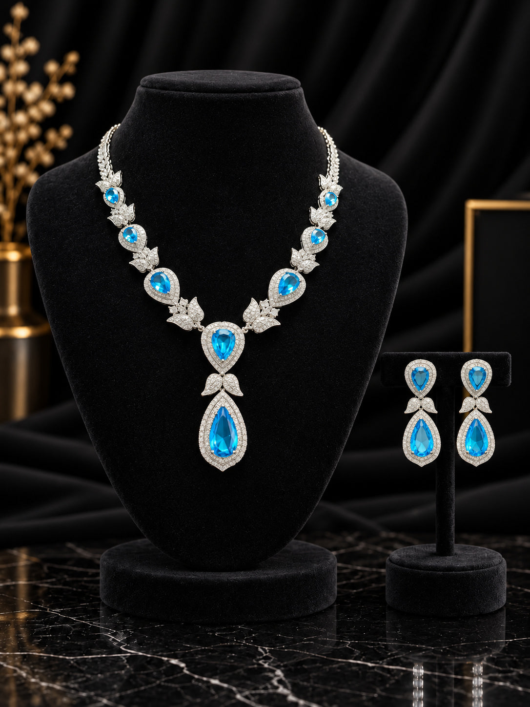 Blue Teardrop Halo Crystal Jewelry Set (SN75)