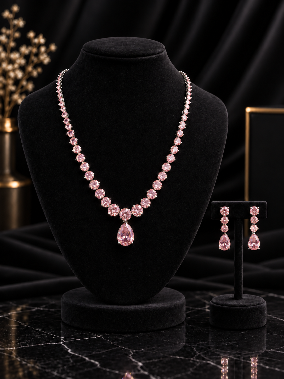 Pink Teardrop Pendant Crystal Jewelry Set (SN8)