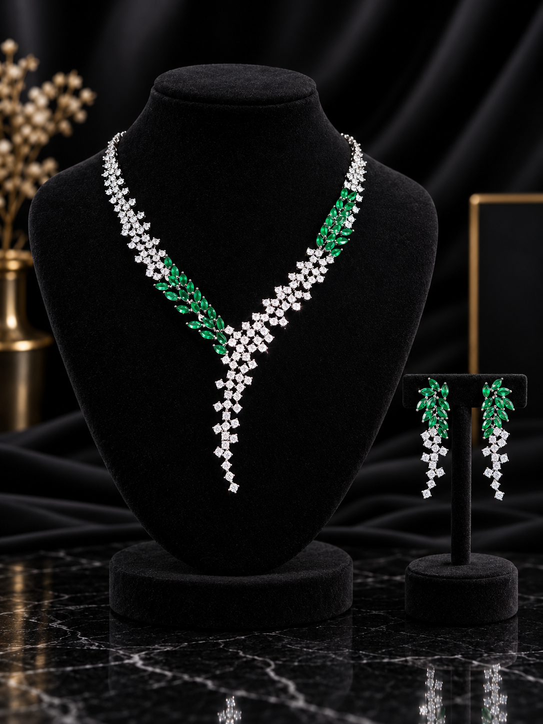 Green Leaf Y-Drop Crystal Jewelry Set (SN12)