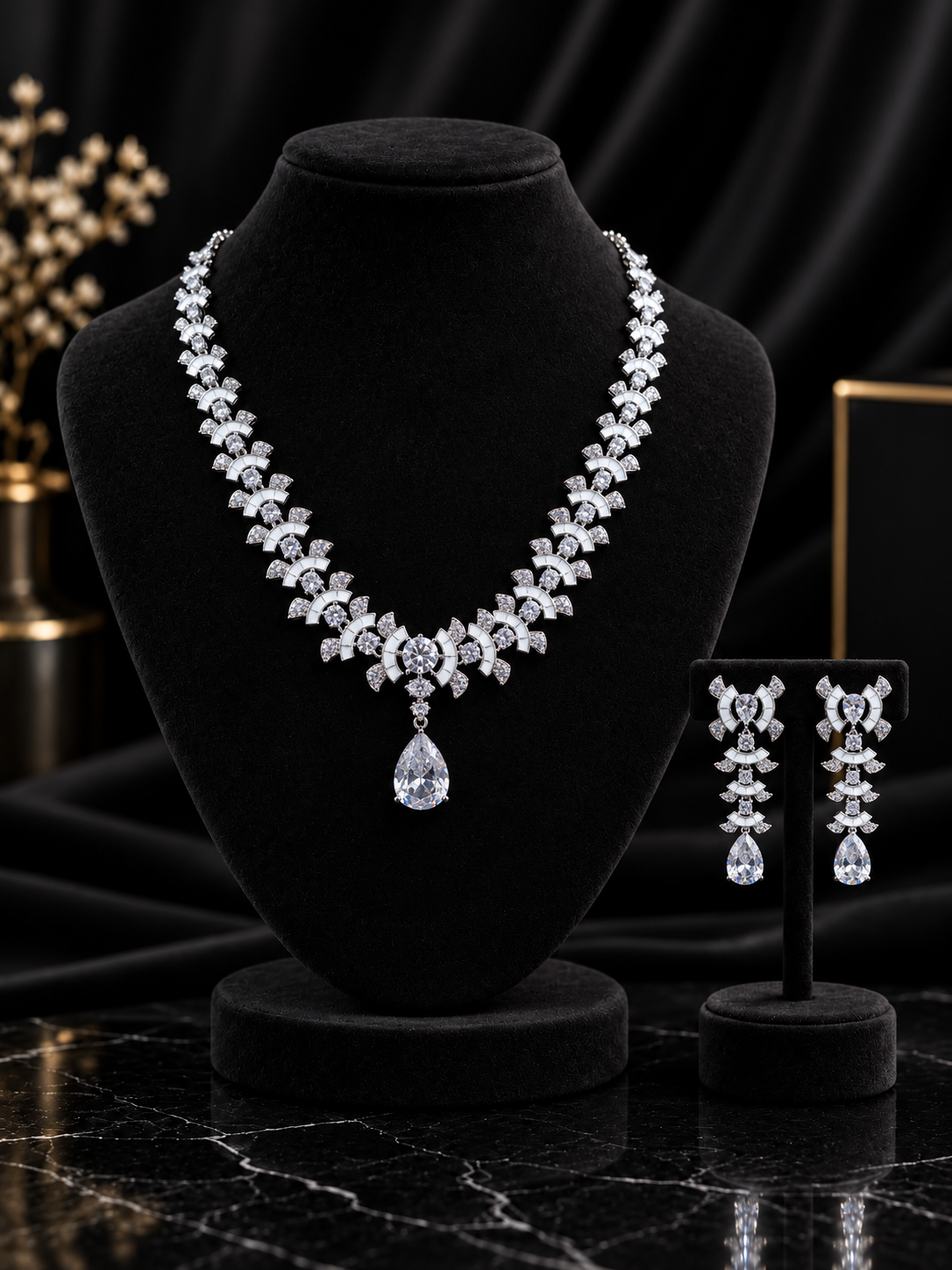 White Stone Teardrop Chain Jewelry Set (SN24)