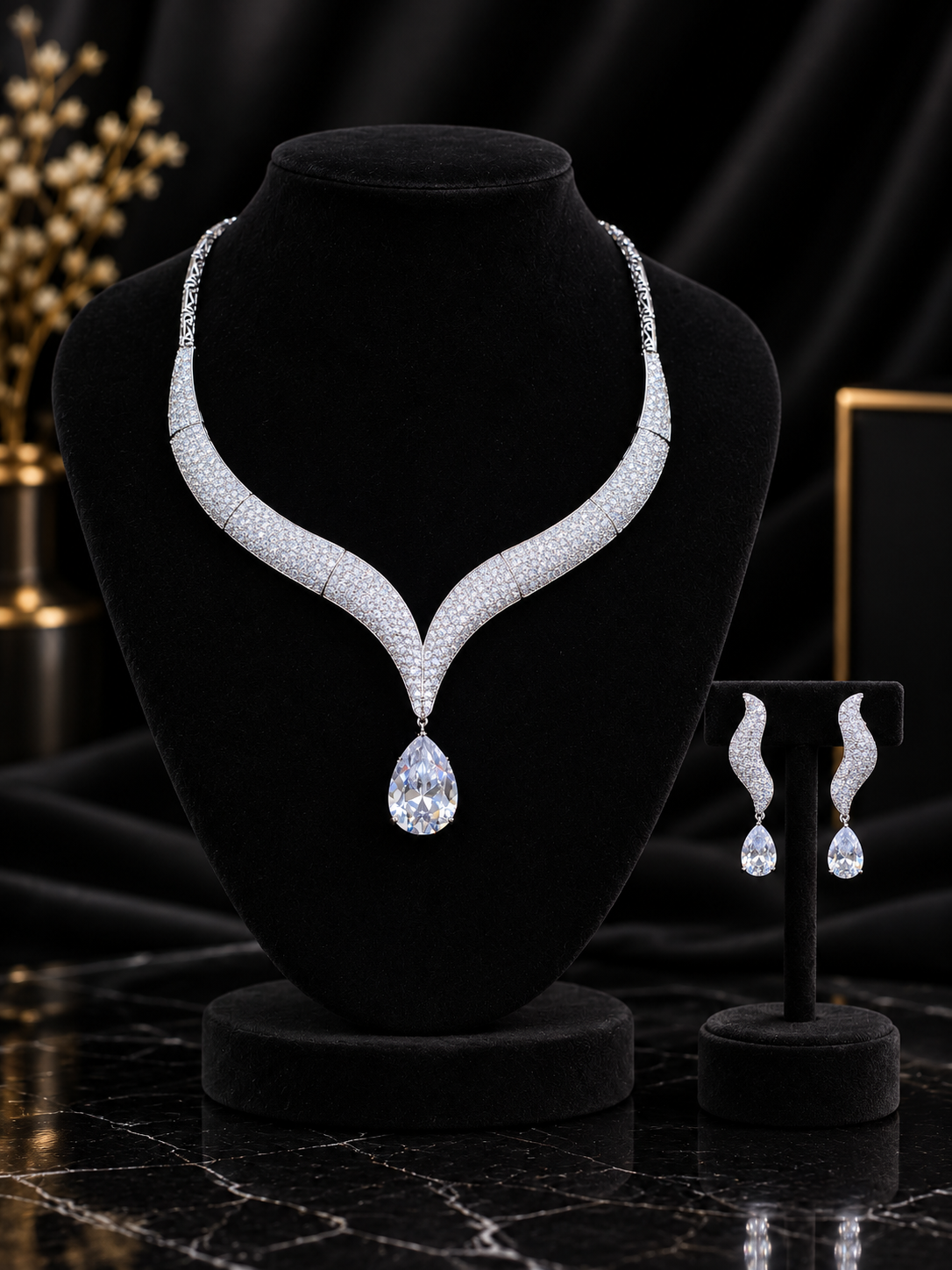 White Curved V Pendant Jewelry Set (SN43)