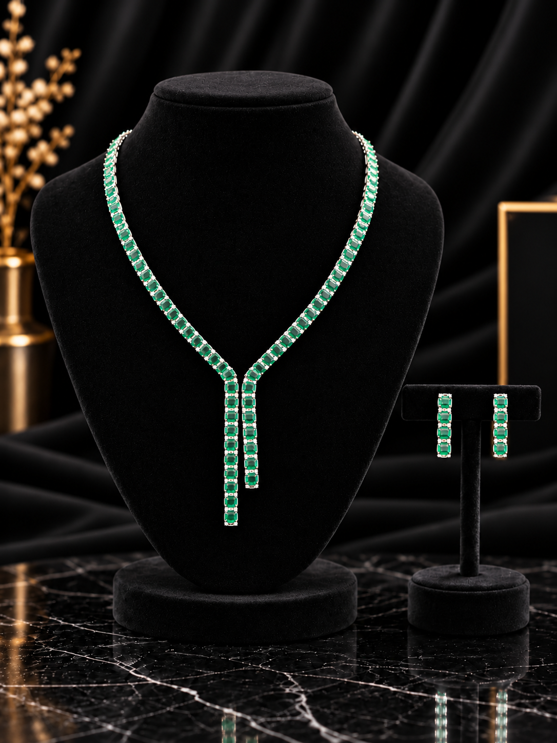Green White Linear Drop Natural Zircon Gemstone Jewelry Set (SN98)
