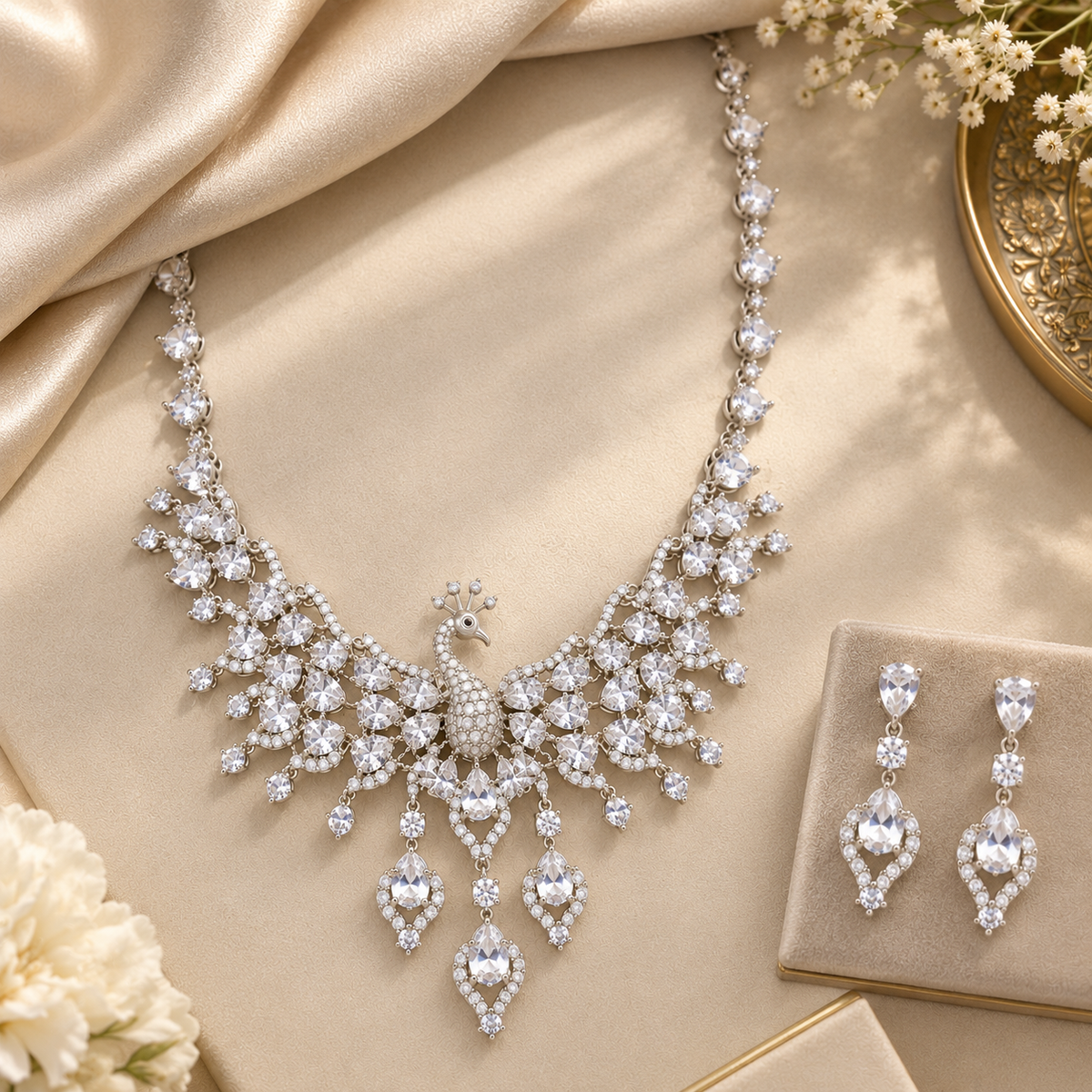 Silver Peacock Natural Zircon Gemstone Jewelry Set (SN107)