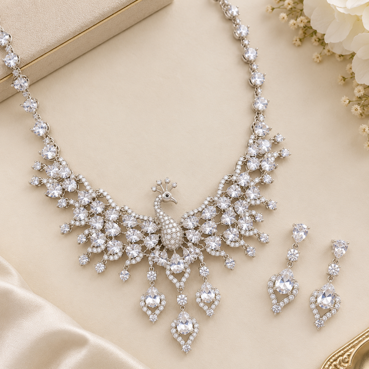 Silver Peacock Natural Zircon Gemstone Jewelry Set (SN107)