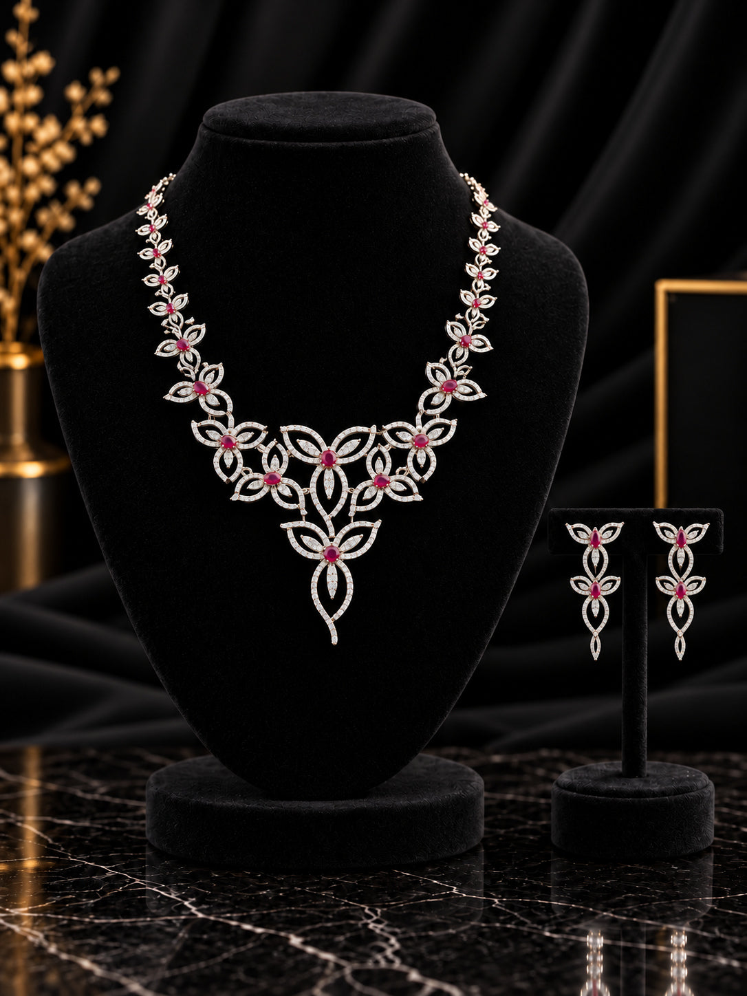 Red Botanical Vine Crystal Jewelry Set (SN61)