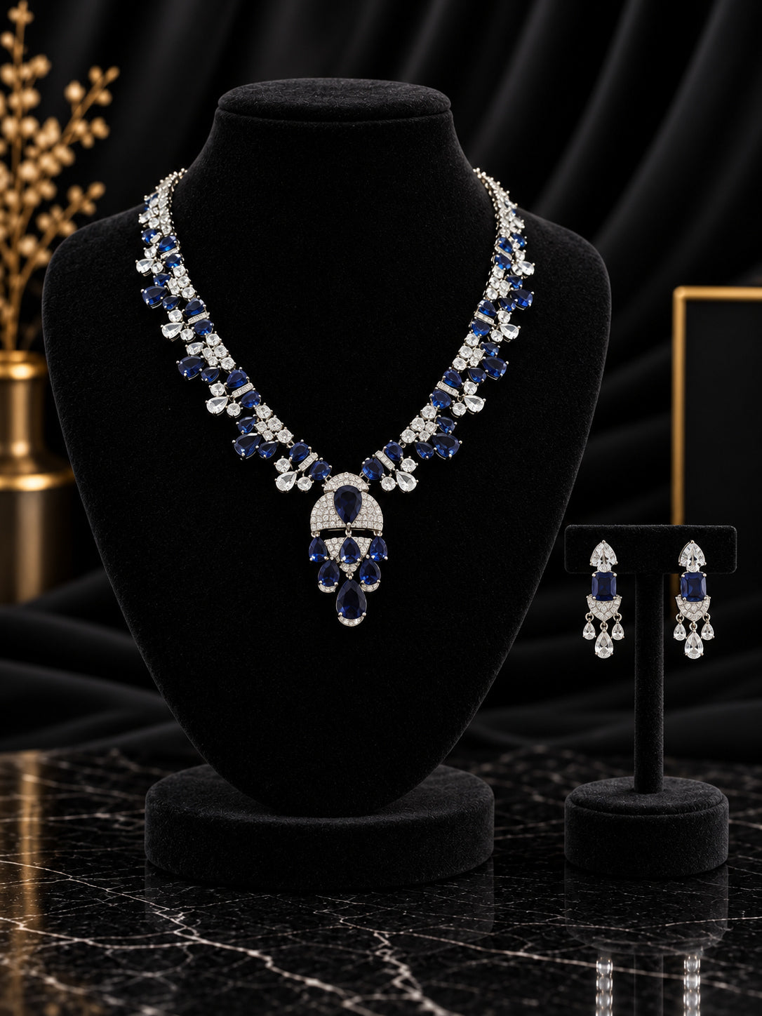 Blue Floral Cluster Pendant Jewelry Set (SN63)
