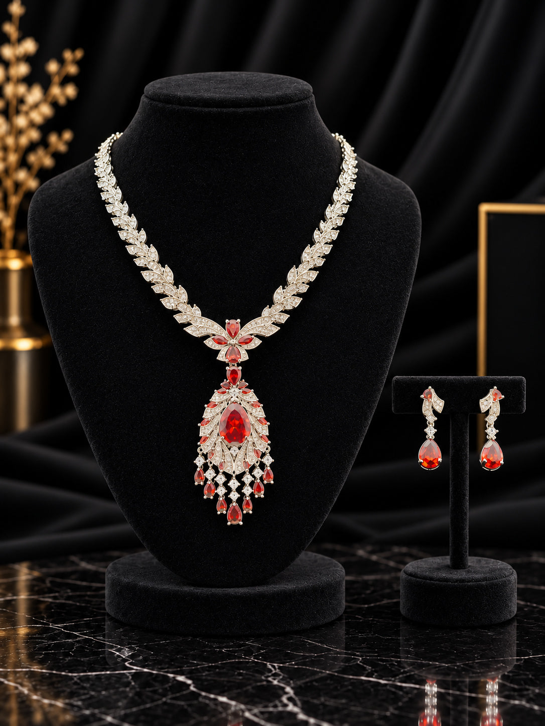 Red Ornate Pear Pendant Jewelry Set (SN65)