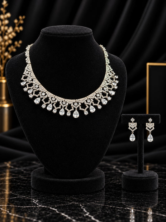 White Scalloped Crystal Bib Jewelry Set (SN66)