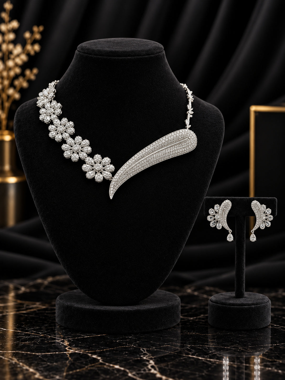 White Floral Crystal Collar Jewelry Set (SN68)