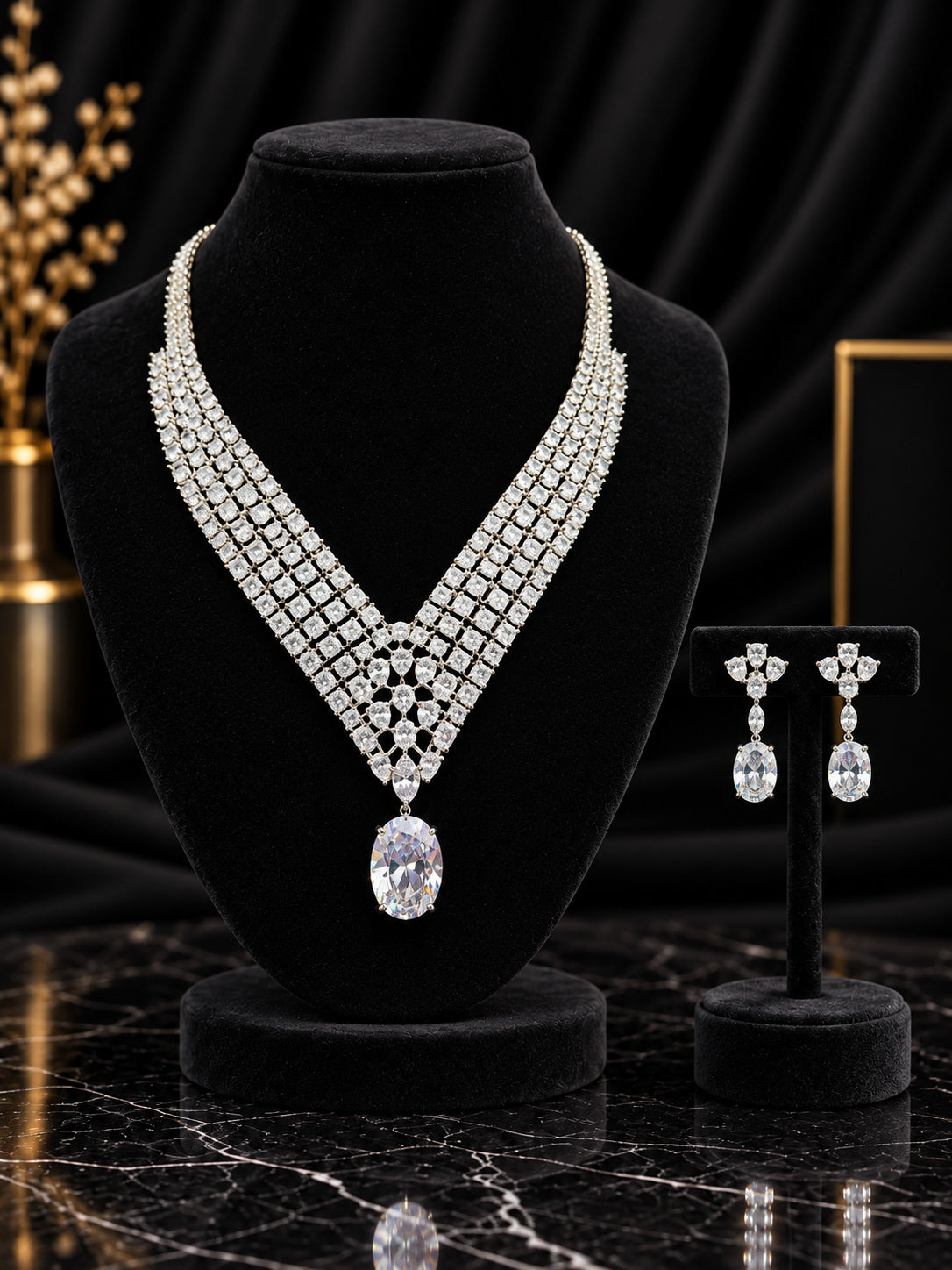 White Layered V Crystal Jewelry Set (SN76)