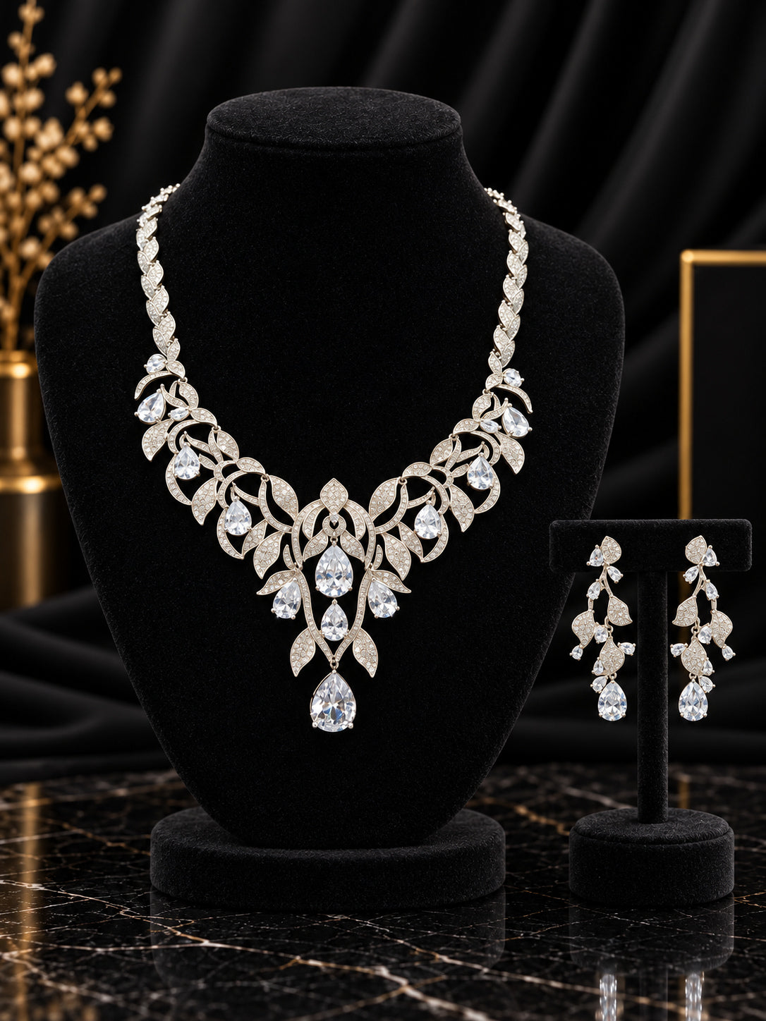 White Botanical Statement Crystal Jewelry Set (SN77)