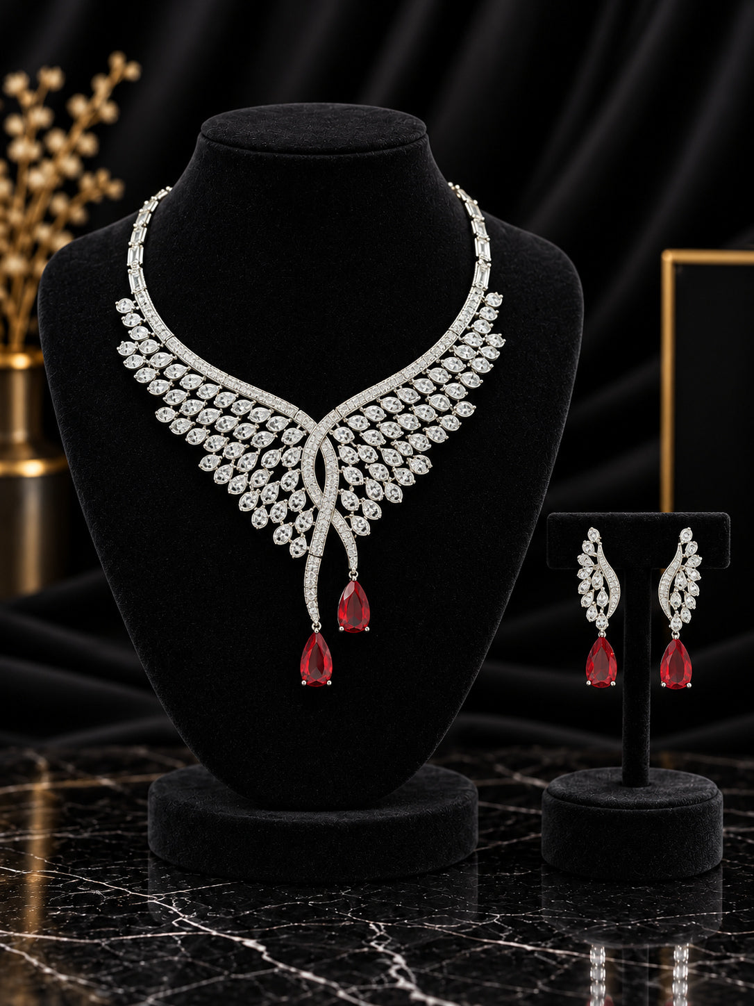 Red Feather Teardrop Crystal Jewelry Set (SN87)