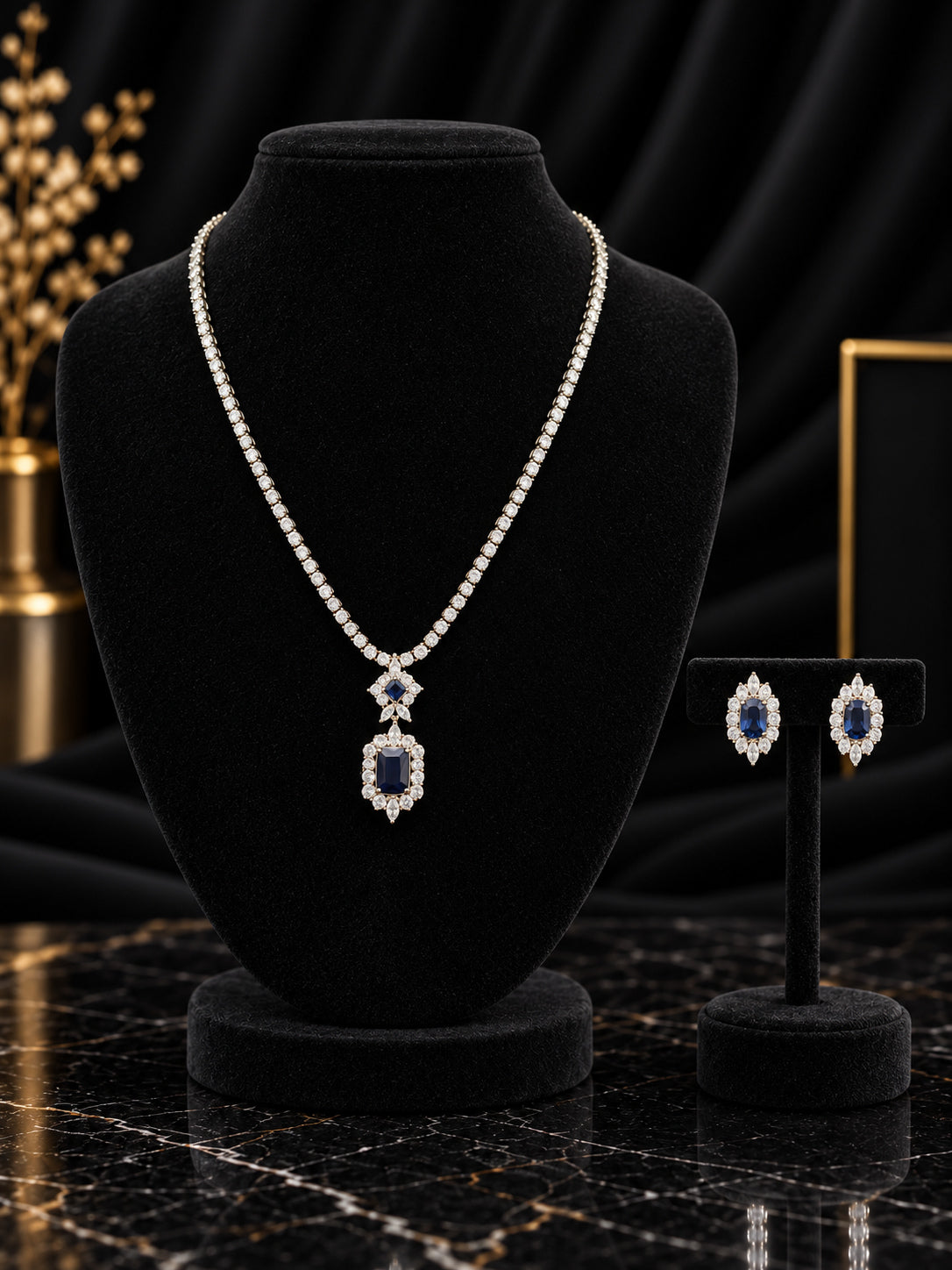 Dark Blue Halo Pendant Jewelry Set (SN95)