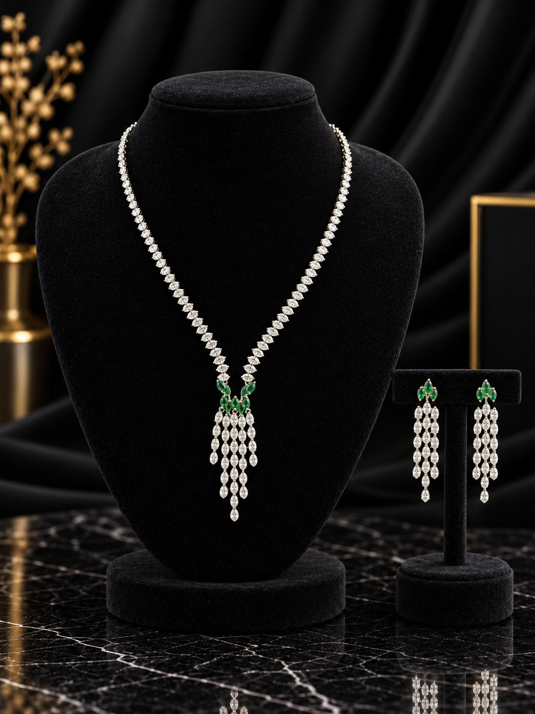 White Green Cascading Crystal Jewelry Set (SN99)