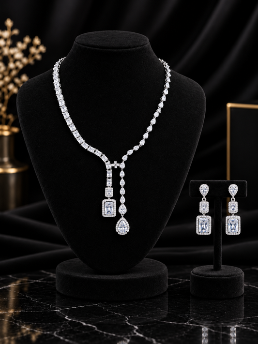 White Geometric Y-Drop Crystal Jewelry Set (SN4)