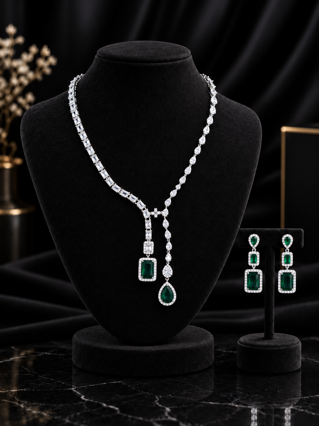 Green Geometric Y-Drop Crystal Jewelry Set (SN5)