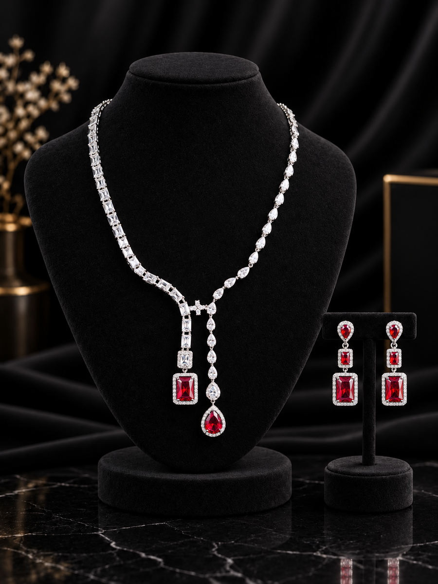 Red Geometric Y-Drop Crystal Jewelry Set (SN6)