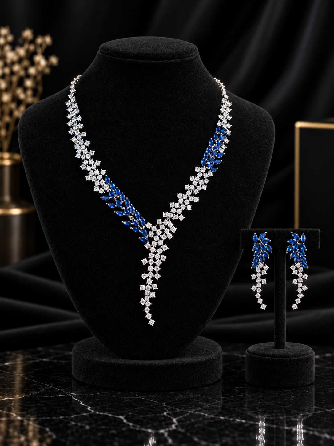 Blue Leaf Y-Drop Crystal Jewelry Set (SN11)