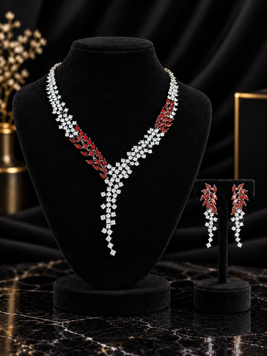 Red Leaf Y-Drop Crystal Jewelry Set (SN13)