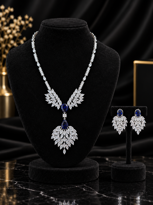 Blue Ornate Leaf Pendant Jewelry Set (SN15)