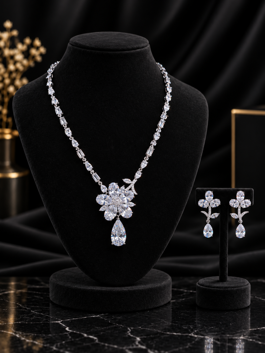 White Floral Drop Crystal Jewelry Set (SN16)