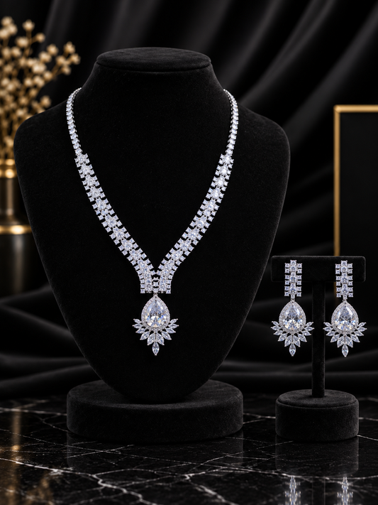 Black Sunburst Halo Pendant Jewelry Set (SN22)