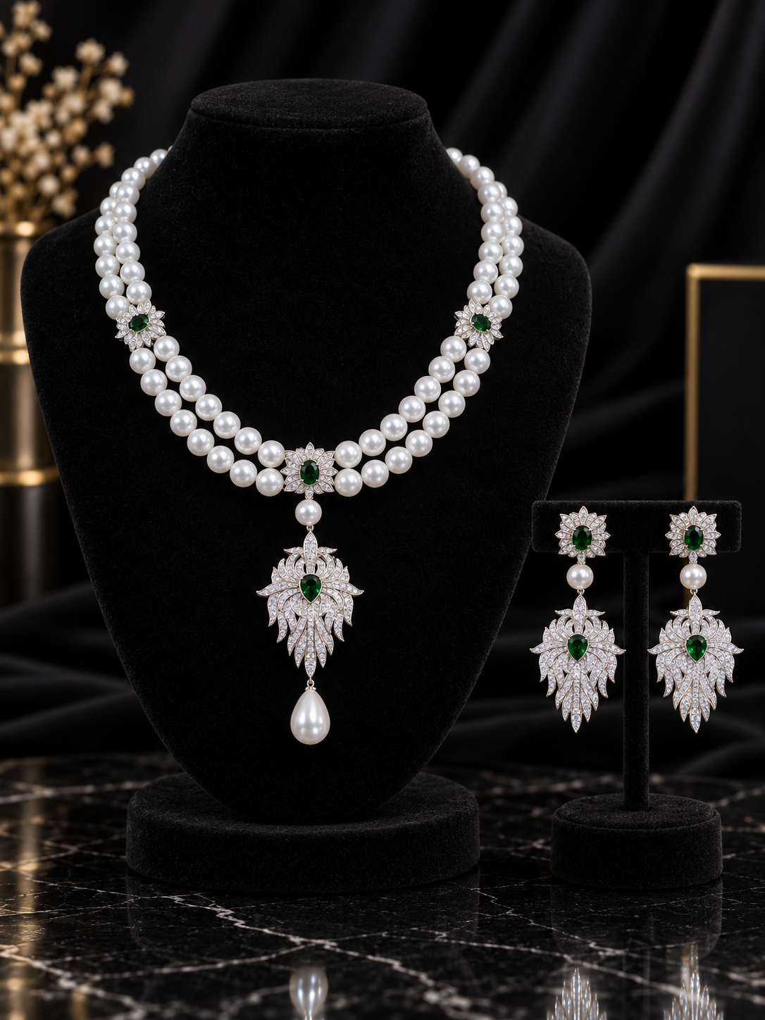 Green Ornate Floral Statement Jewelry Set (SN34)