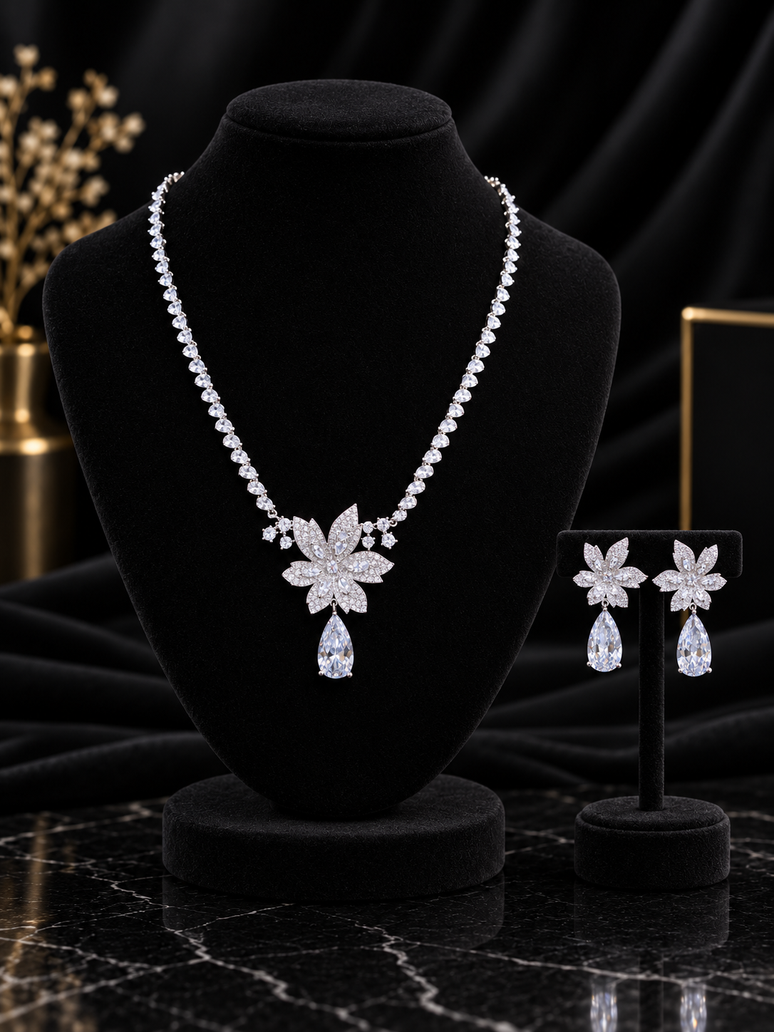White V-Drop Cluster Crystal Jewelry Set (SN40)