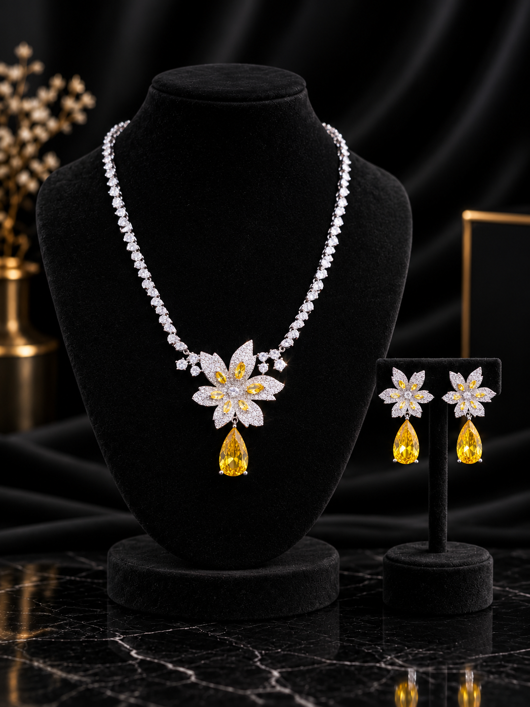 Champagne V-Drop Cluster Crystal Jewelry Set (SN41)