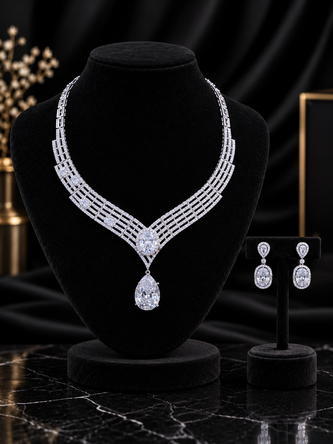 White Oval Pendant Statement Jewelry Set (SN42)