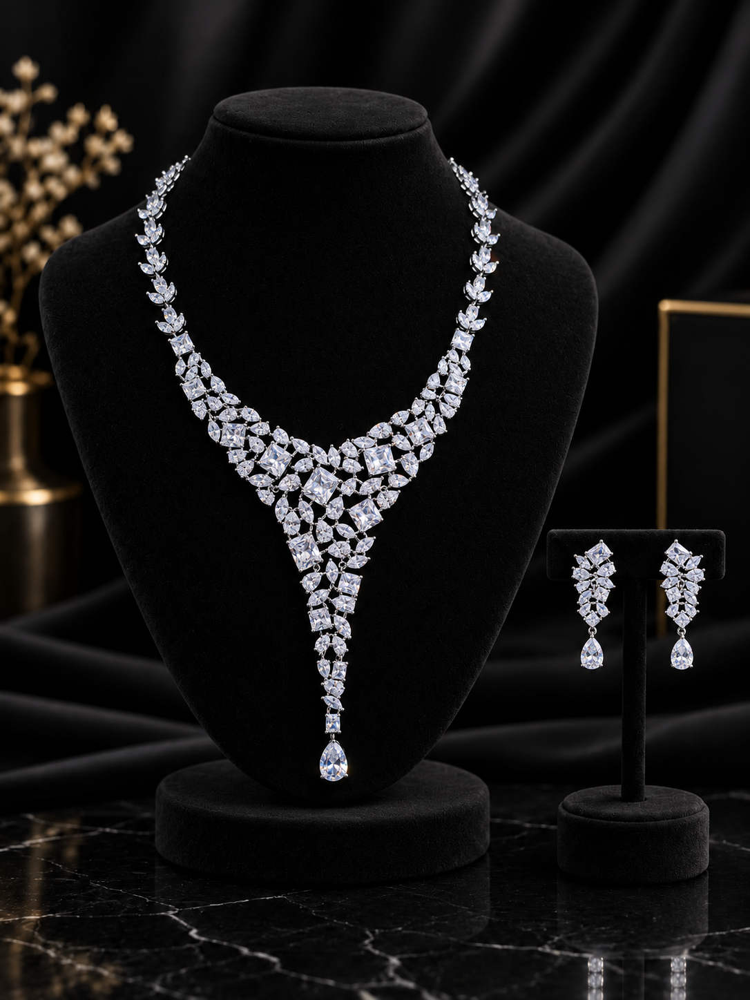 White Cluster Y-Drop Jewelry Set (SN45)