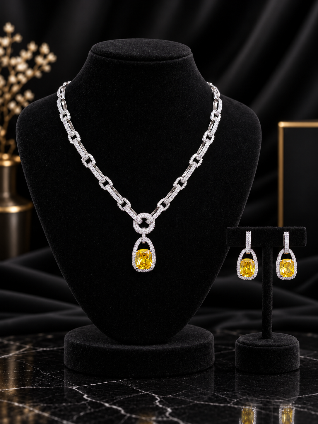 Champagne Square Halo Chain Jewelry Set (SN49)