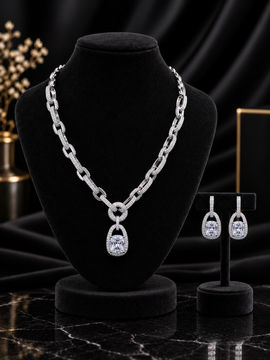 White Square Halo Chain Jewelry Set (SN50)