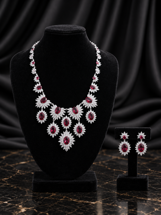 Red Sunburst Cluster Crystal Jewelry Set (SN53)