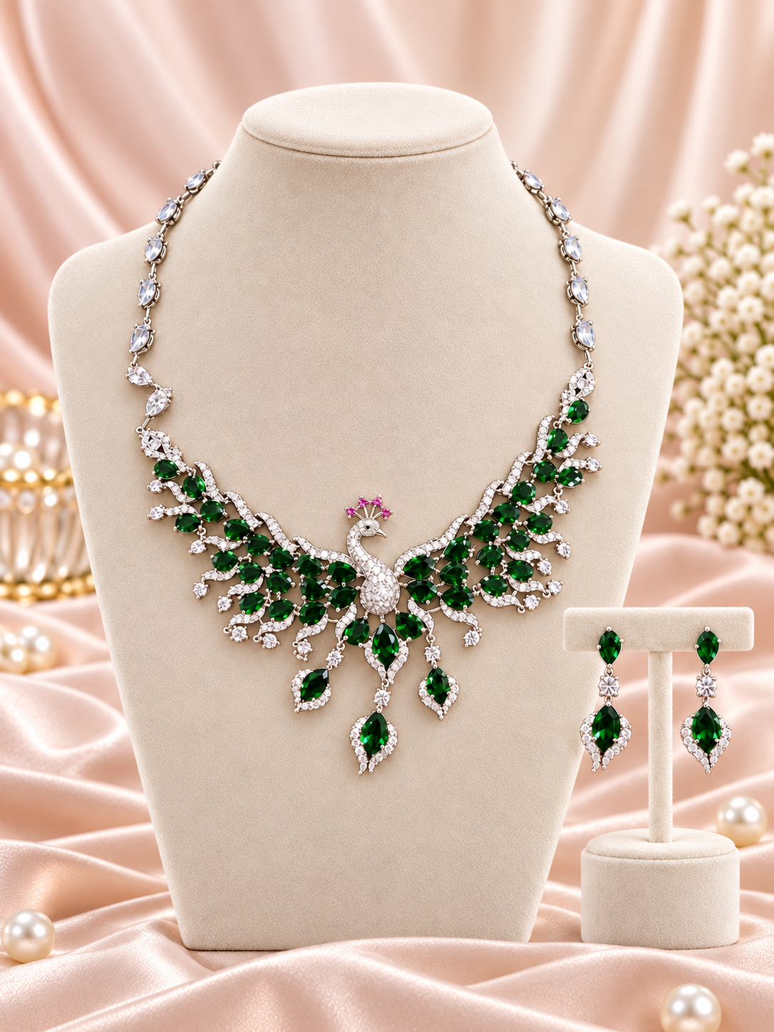 Green Peacock Crystal Statement Jewelry Set