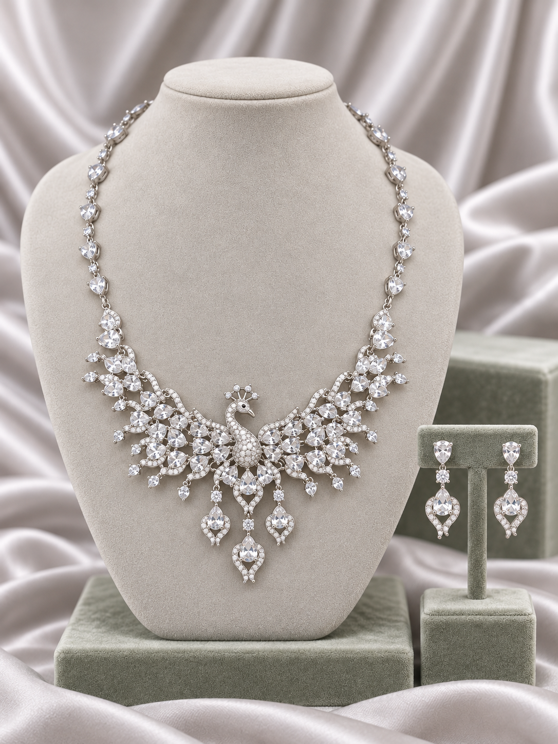 Silver Peacock Crystal Statement Jewelry Set